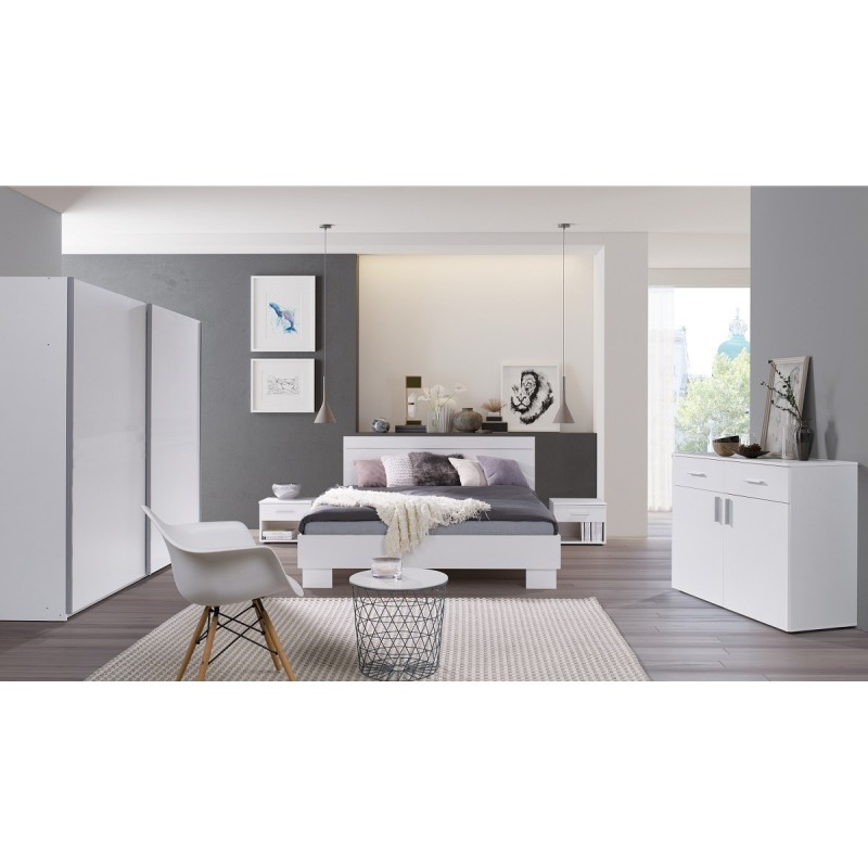 Chambre à coucher complète COMOS. Lit 160X200 avec sommier, garde robe 200cm, chevets, commode.
