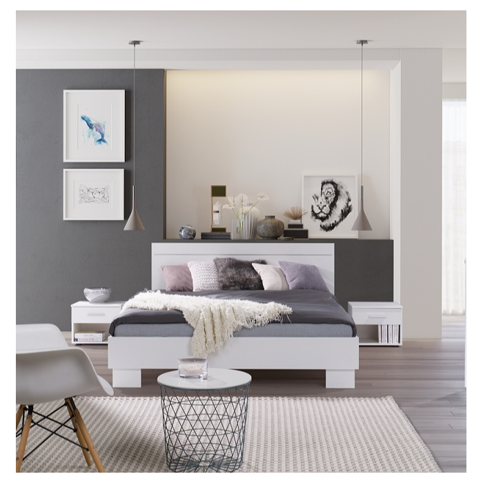 Chambre à coucher complète COMOS. Lit 160X200 avec sommier, garde robe 200cm, chevets, commode.