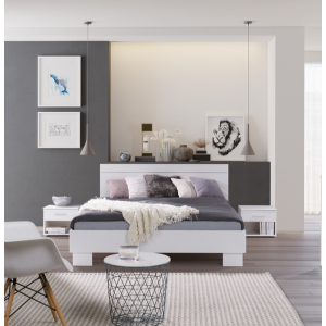 Chambre à coucher complète COMOS. Lit 160X200 avec sommier, garde robe 200cm, chevets, commode.