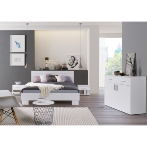 Chambre à coucher complète COMOS. Lit 160X200 avec sommier, garde robe 200cm, chevets, commode.