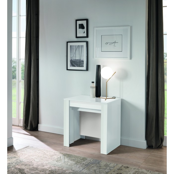 Console extensible, Collection NOSOL, couleur blanc laqué brillant, dimensions 54x78cm