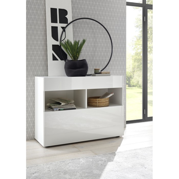 Buffet 1 tiroir et 1 porte abattante, collection SULTANO, coloris blanc, idéal dans votre salon ou salle à manger