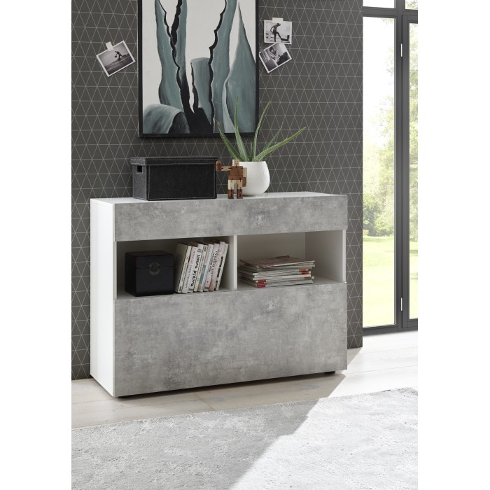 Buffet 1 tiroir et 1 porte abattante, collection SULTANO, coloris blanc effet béton, idéal pour votre salon