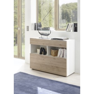 Buffet 1 tiroir et 1 porte abattante, collection SULTANO, coloris blanc et chêne clair, idéal pour votre salon