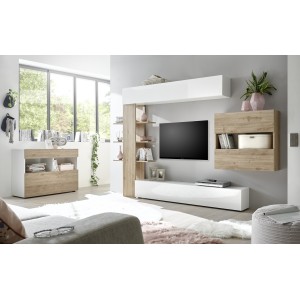 Buffet 1 tiroir et 1 porte abattante, collection SULTANO, coloris blanc et chêne clair, idéal pour votre salon