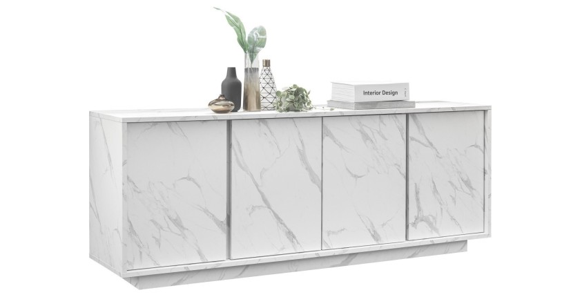 Buffet 4 portes, collection COLOMARMO, coloris blanc effet marbre, idéal pour un salon ou une salle à manger design