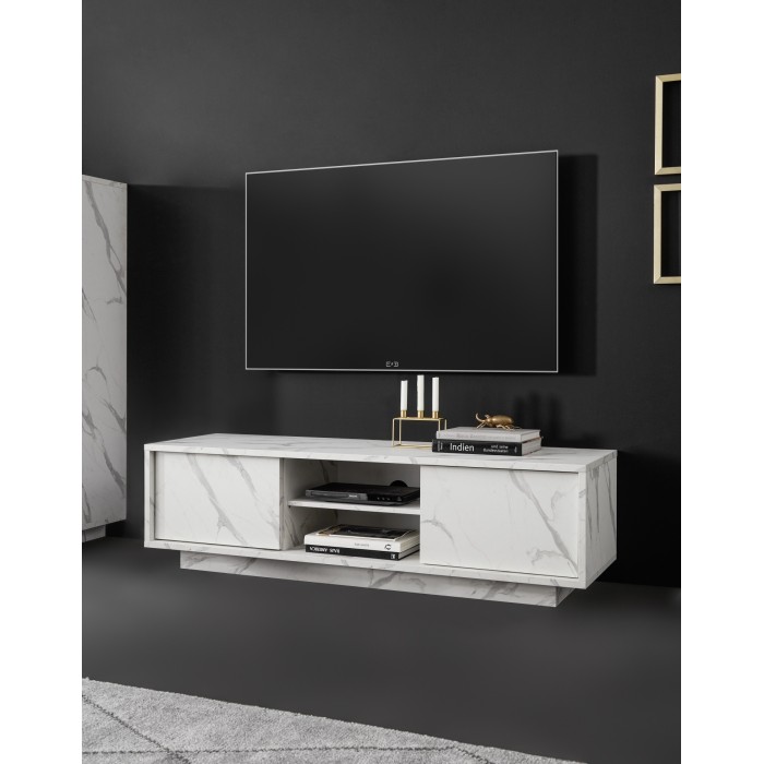 Meuble TV 2 portes, collection COLOMARMO, coloris blanc effet marbre, idéal pour votre salon tendance et moderne