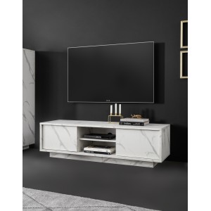 Meuble TV 2 portes, collection COLOMARMO, coloris blanc effet marbre, idéal pour votre salon tendance et moderne