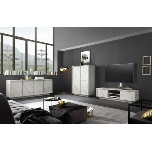 Meuble TV 2 portes, collection COLOMARMO, coloris blanc effet marbre, idéal pour votre salon tendance et moderne