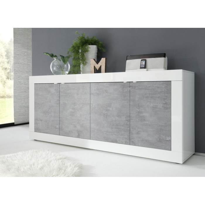 Buffet 4 portes, collection CISA, coloris blanc et gris effet béton, idéal pour un salon ou une salle à manger design