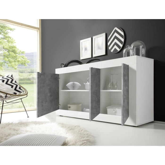 Buffet 3 portes, collection CISA, coloris blanc et gris effet béton, idéal pour votre salon ou salle à manger