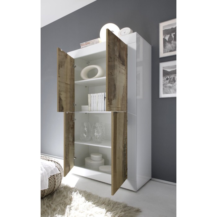 Buffet haut 4 portes, collection CISA, coloris blanc laqué brillant et chêne clair
