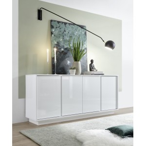 Buffet 4 portes, collection CREAM, coloris blanc laqué brillant, idéal pour un salon ou une salle à manger design