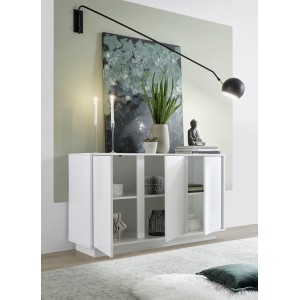 Buffet 3 portes, collection CREAM, coloris blanc laqué brillant, idéal pour un salon ou une salle à manger design