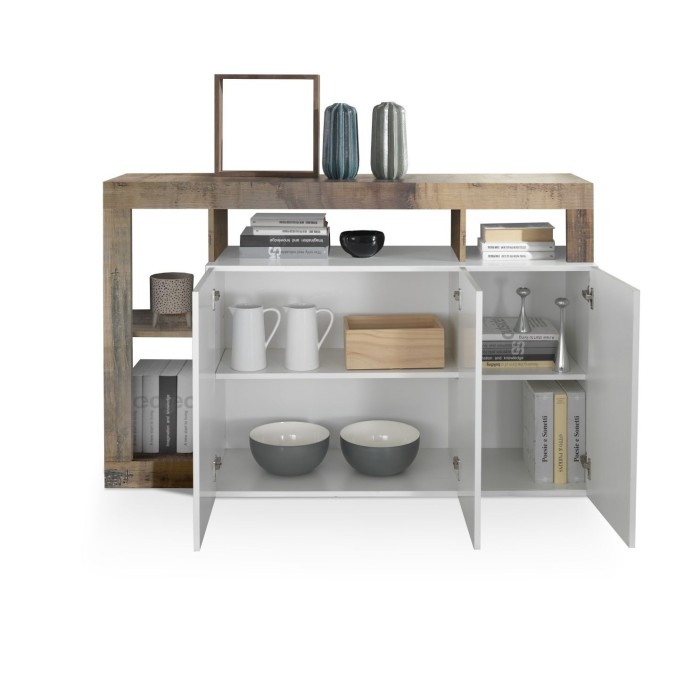 Buffet 3 portes collection BURA, coloris blanc laqué brillant et chêne clair