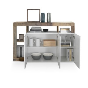 Buffet 3 portes collection BURA, coloris blanc laqué brillant et chêne clair