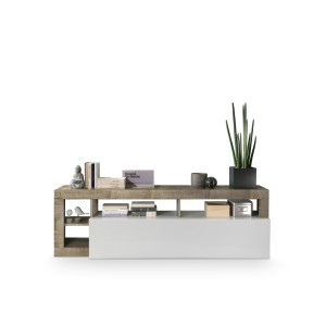 Meuble TV 1 porte, collection BURA, coloris blanc laqué brillant et chêne clair