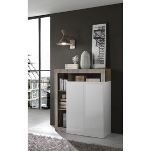 Buffet haut 2 portes, collection BURA, coloris blanc brillant laqué et chêne clair