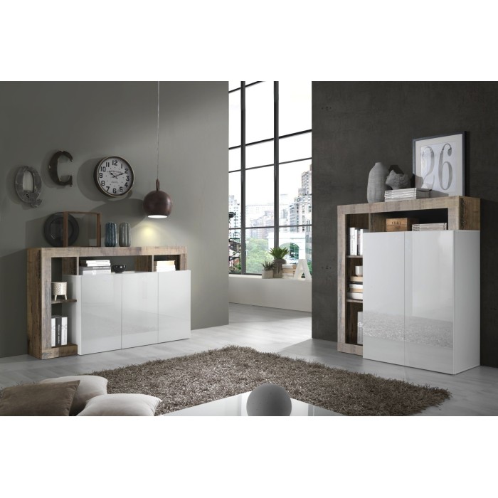 Buffet haut 2 portes, collection BURA, coloris blanc brillant laqué et chêne clair