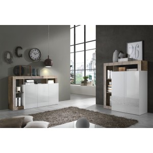 Buffet haut 2 portes, collection BURA, coloris blanc brillant laqué et chêne clair