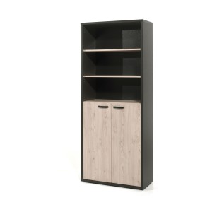 Bibliothèque de bureau DEPÉ – 2 portes et étagères – Chêne clair et Noir – L90 x H216 x P40 cm