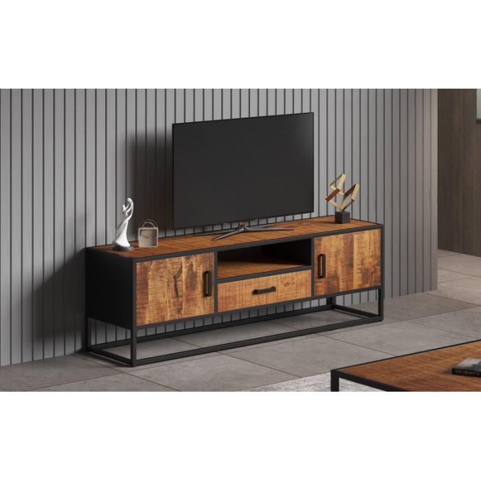Meuble TV collection MADEIRO Structure métal et bois exotique de Mangolia. Idéal pour un salon de style industriel. L160cm