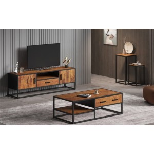 Meuble TV collection MADEIRO Structure métal et bois exotique de Mangolia. Idéal pour un salon de style industriel. L160cm