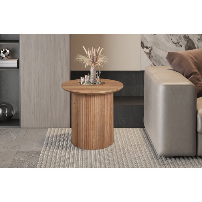 Table basse collection VAGOS effet chêne vieilli diamètre 50 cm