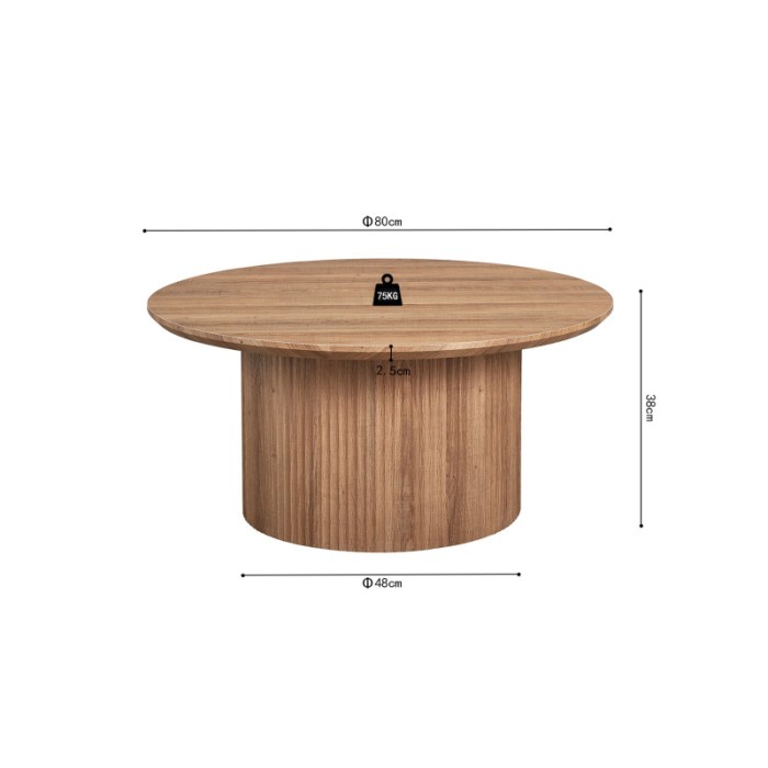 Table basse collection VAGOS effet chêne vieilli diamètre 80 cm