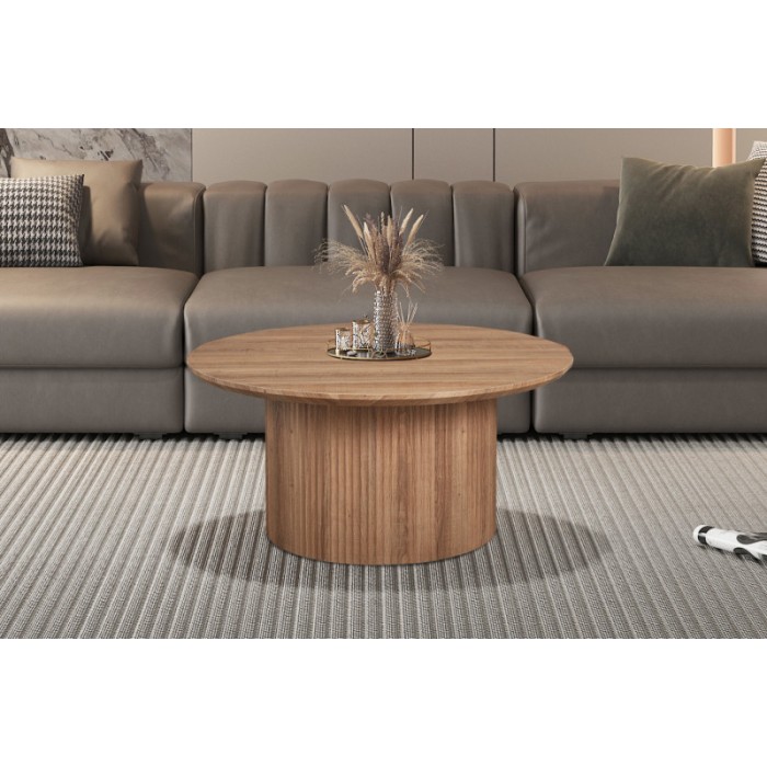 Table basse collection VAGOS effet chêne vieilli diamètre 80 cm