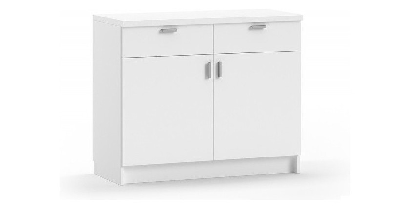Armoire basse 2 portes et 2 tiroirs collection GOURMET design blanc. Hauteur 85cm