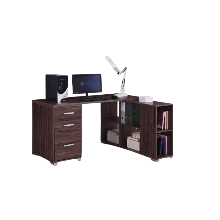 Bureau d'angle contemporain IZMIR coloris noyer et gris et poignées grises.