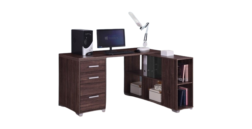 Bureau d'angle contemporain IZMIR coloris noyer et gris et poignées grises.