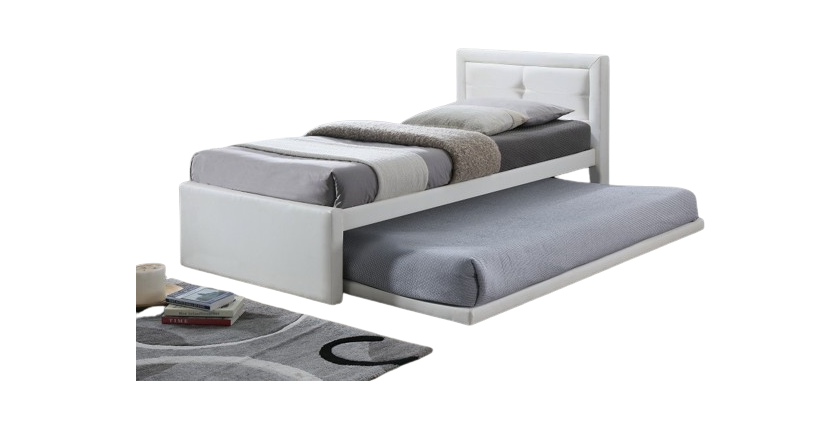 Lit avec tiroir-lit RODAN 90x200 cm en simili cuir coloris blanc, sommier inclus.