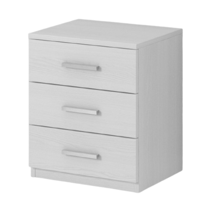 Table de chevet trois tiroirs, collection FLOYD. Coloris blanc effet bois.