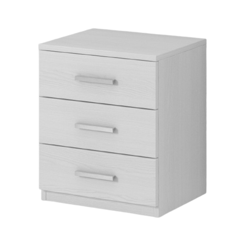 Table de chevet trois tiroirs, collection FLOYD. Coloris blanc effet bois.
