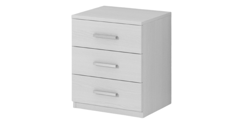 Table de chevet trois tiroirs, collection FLOYD. Coloris blanc effet bois.