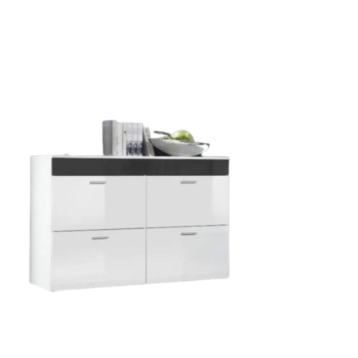 Commode design LOGO, 4 portes Coloris blanc brillant et bande grise brillante