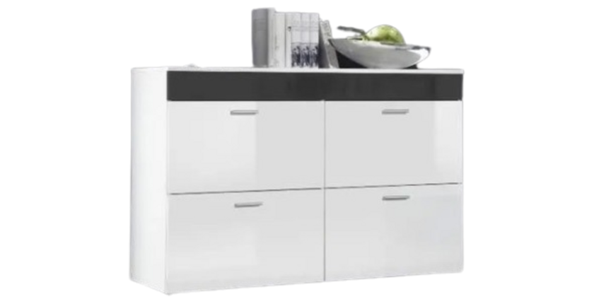 Commode design LOGO, 4 portes Coloris blanc brillant et bande grise brillante