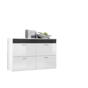 Commode design LOGO, 4 portes Coloris blanc brillant et bande grise brillante