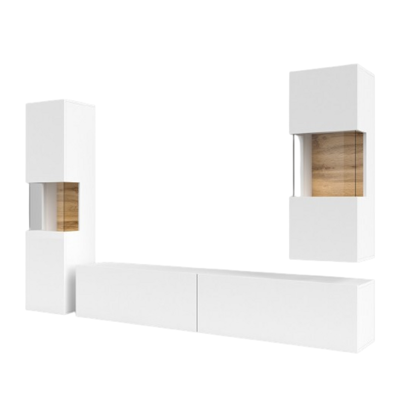 Ensemble de 3 meubles de salon collection EVA. Couleur blanc et chêne.