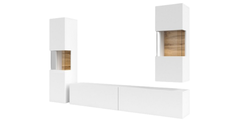 Ensemble de 3 meubles de salon collection EVA. Couleur blanc et chêne.