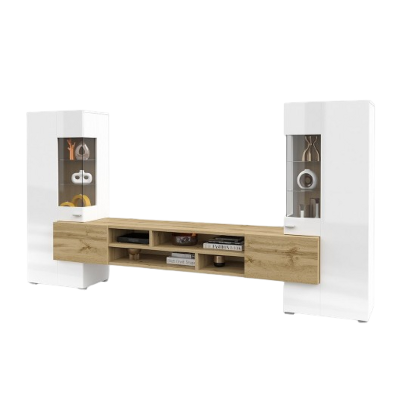 Ensemble de 3 meubles de salon collection KOBEE. Couleur blanc et chêne.