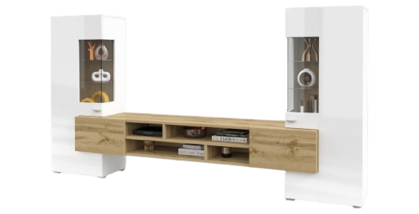 Ensemble de 3 meubles de salon collection KOBEE. Couleur blanc et chêne.