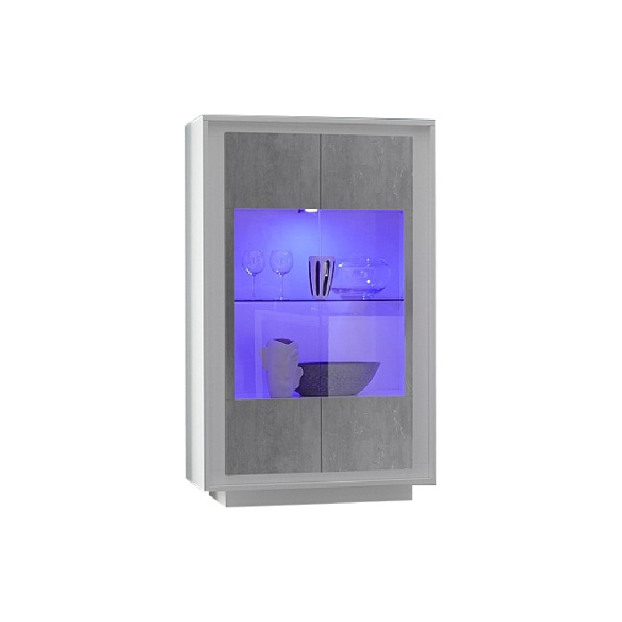 Vitrine 2 portes, collection FALL, coloris blanc mat laqué et gris aspect béton