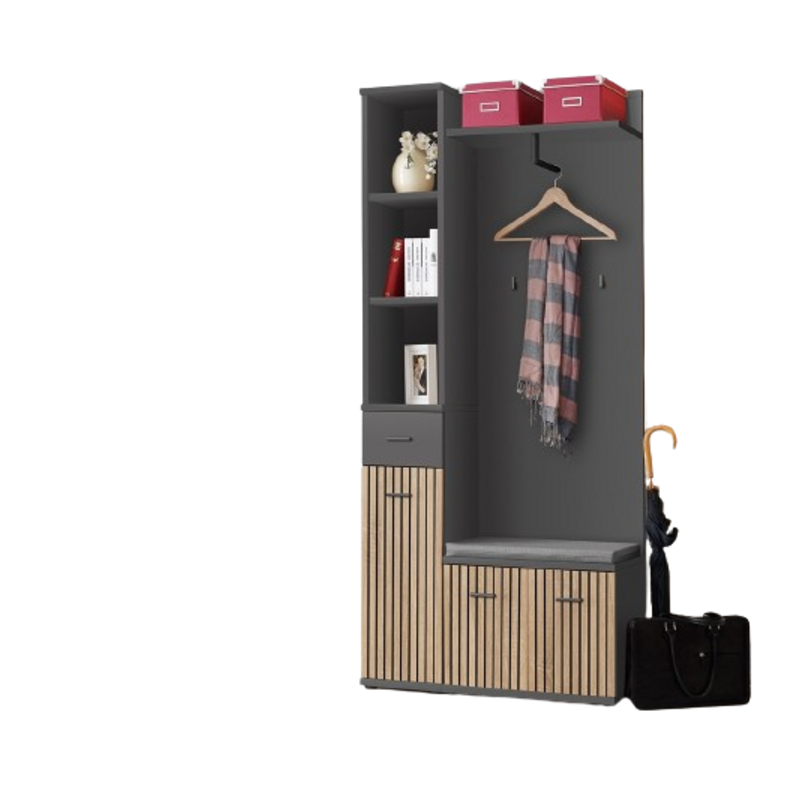 Meuble d'entrée avec nombreux rangements et penderie collection POLO coloris gris et chêne