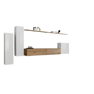 Ensemble meuble salon SWITCH I design, coloris blanc et chêne Wotan. Finitions effet chêne fraisé.