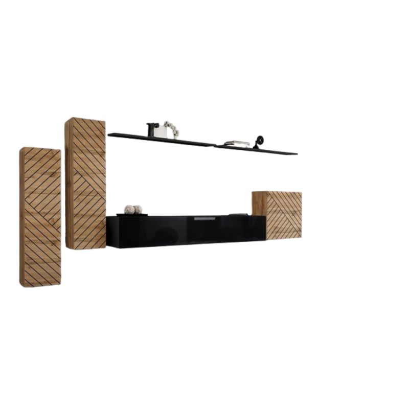 Ensemble meuble salon SWITCH I design, coloris chêne wotan et noir. Finitions façades effet chêne fraisé.