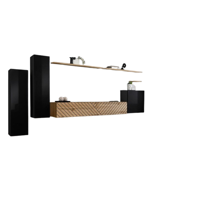 Ensemble meuble salon SWITCH I design, coloris noir et chêne wotan. Finitions effet chêne fraisé.