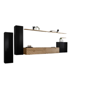 Ensemble meuble salon SWITCH I design, coloris noir et chêne wotan. Finitions effet chêne fraisé.